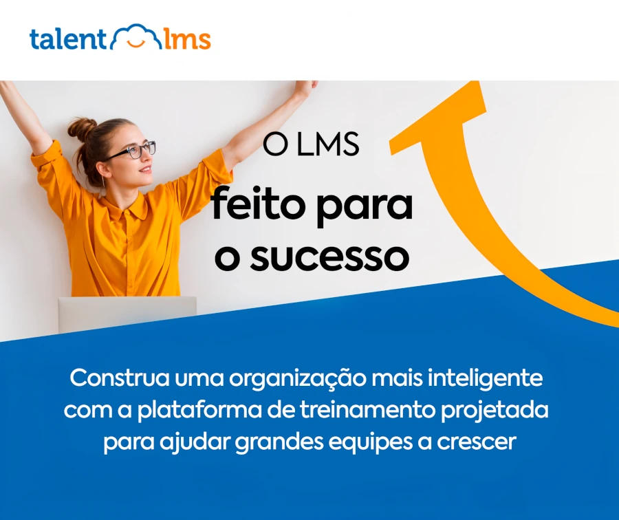 Mulher sorridente de óculos e blusa amarela, sentada no chão com um laptop no colo, levantando os braços em comemoração. Ao lado, um texto promocional sobre uma plataforma LMS.