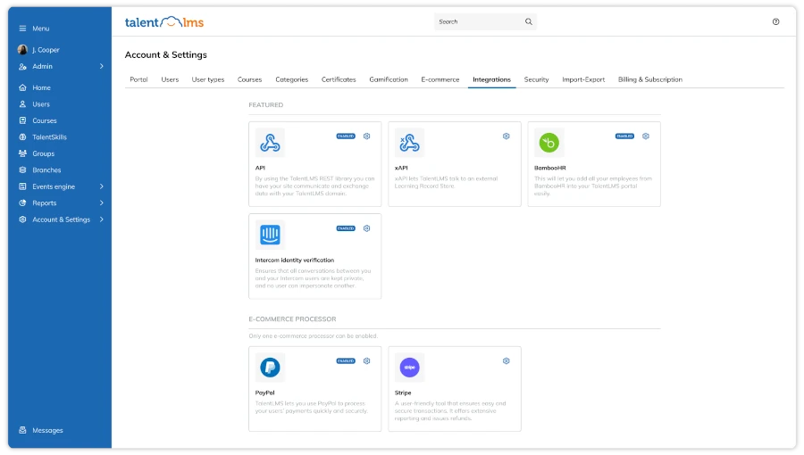 Tela de contas e configurações da plataforma TalentLMS mostrando as opções de integrações.