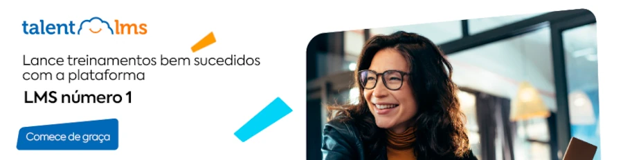 Banner promocional do TalentLMS destacando a plataforma como LMS número 1, com chamada para ação "Comece de graça" e imagem de mulher sorridente.