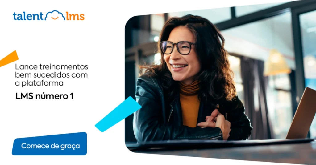 Banner promocional do TalentLMS destacando a plataforma como LMS número 1, com chamada para ação "Comece de graça" e imagem de mulher sorridente.