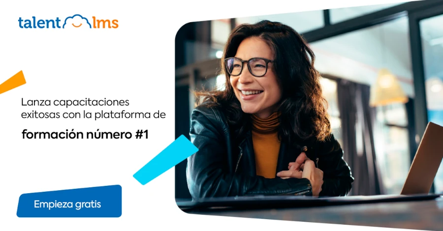 Banner promocional de TalentLMS destacando la plataforma como LMS número 1, con un llamado a la acción "Empieza gratis" y una imagen de una mujer sonriente.