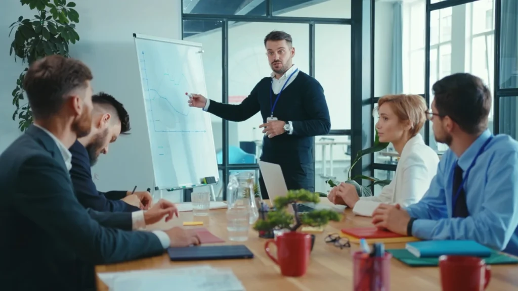 Treinador corporativo apresentando dados em um gráfico para uma equipe durante uma reunião em ambiente empresarial.