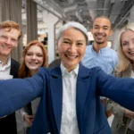 Equipe multigeracional sorrindo para uma selfie no ambiente de trabalho.