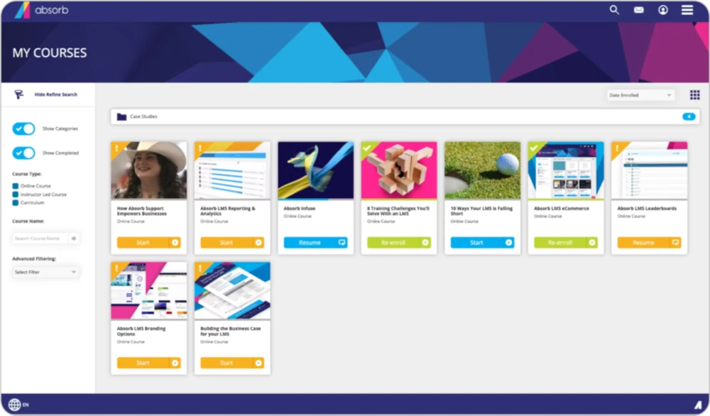 Interface do LMS Absorb exibindo um painel de cursos online, progresso de aprendizado e opções de filtragem avançada.
