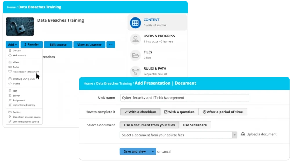 Captura de tela da plataforma TalentLMS mostrando a criação de um curso on-line, com opções para adicionar vídeos, documentos e questionários.