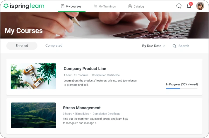 Interface do LMS iSpring Learn exibindo cursos em andamento, progresso do aprendizado e opções de treinamento corporativo.