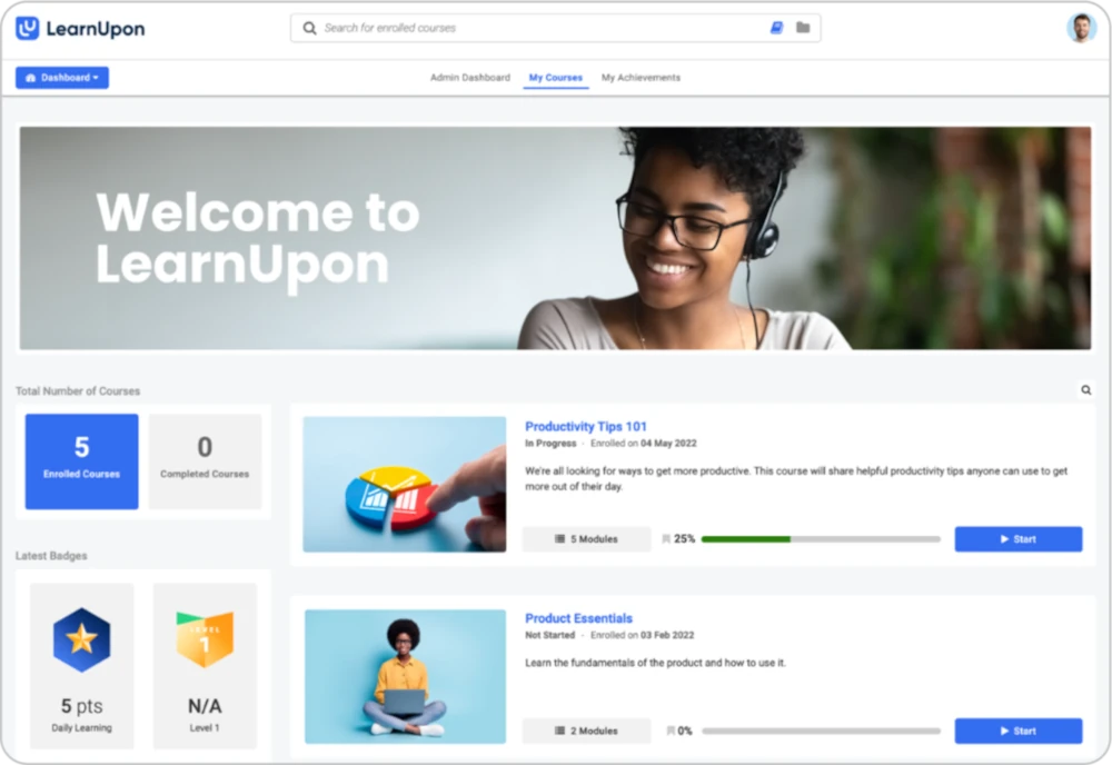 Interface do LMS LearnUpon exibindo cursos matriculados, progresso de aprendizado, conquistas e gamificação para capacitação corporativa.