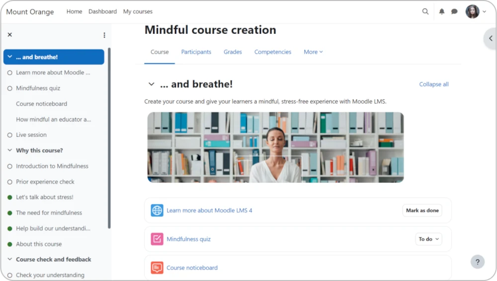 Interface do LMS Moodle exibindo um curso sobre mindfulness, com módulos, avaliações e ferramentas de aprendizado colaborativo.