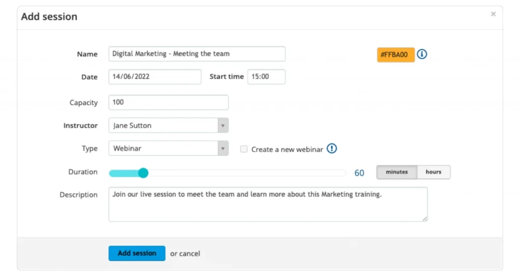 Captura de tela do TalentLMS mostrando a criação de uma sessão ao vivo para um curso on-line, incluindo detalhes como data, instrutor e duração.