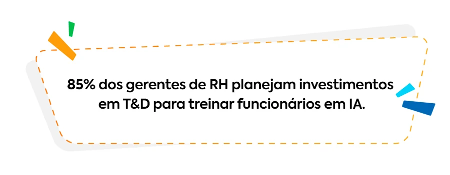 85% dos gerentes de RH pretendem investir em T&D para capacitar funcionários no uso de inteligência artificial.
