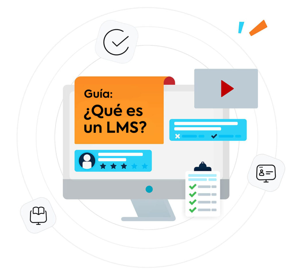 Ilustración con el título "Guía: ¿Qué es un LMS?" mostrado en la pantalla de una computadora, con íconos relacionados con el aprendizaje digital.