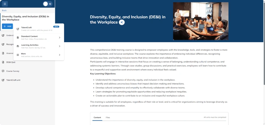Interface de criação de cursos no TalentLMS exibindo conteúdo sobre diversidade, equidade e inclusão no ambiente de trabalho.
