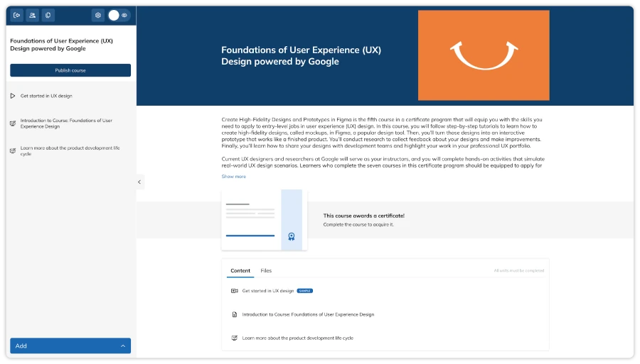 Tela de gerenciamento de curso no TalentLMS com conteúdo de UX Design oferecido pelo Google.