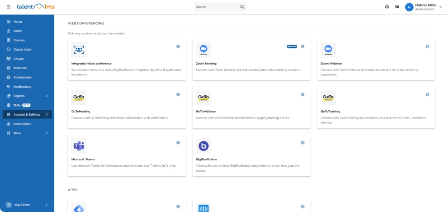 Tela de configurações do TalentLMS exibindo integrações com ferramentas de videoconferência como Zoom, Microsoft Teams e BigBlueButton.
