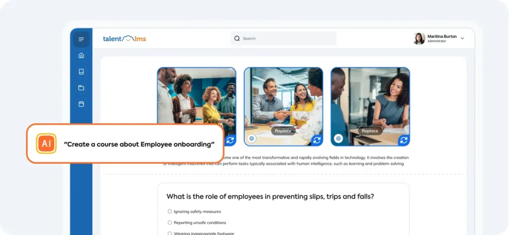 Interface do TalentLMS com geração de curso por IA para onboarding de colaboradores.