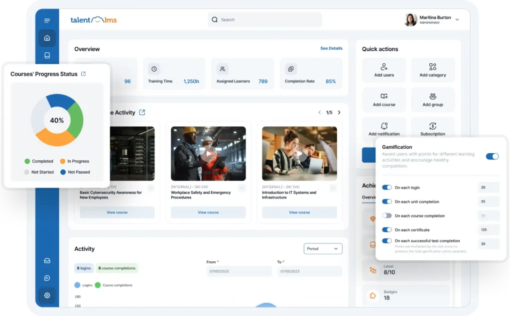 Interface da plataforma TalentLMS exibida em vários dispositivos, representando acessibilidade e design responsivo.