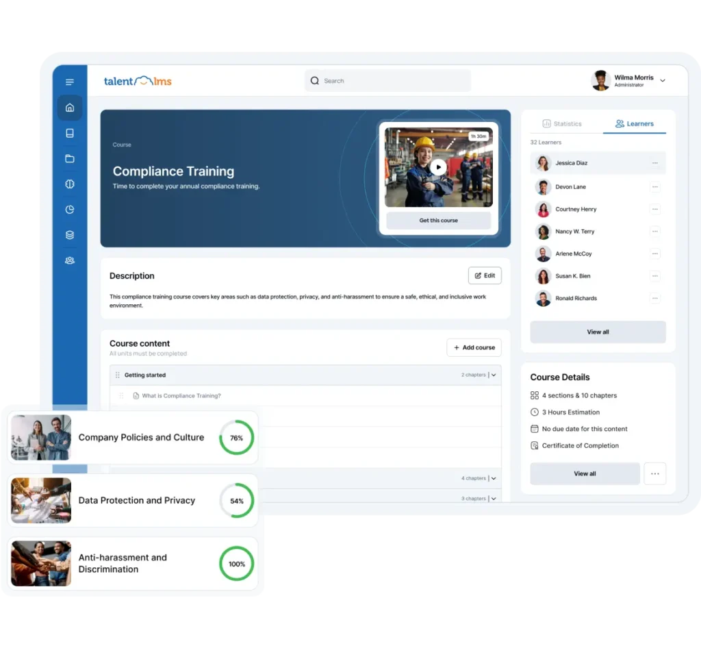 Painel de controle da plataforma TalentLMS exibindo configurações iniciais para configuração e lançamento de cursos.