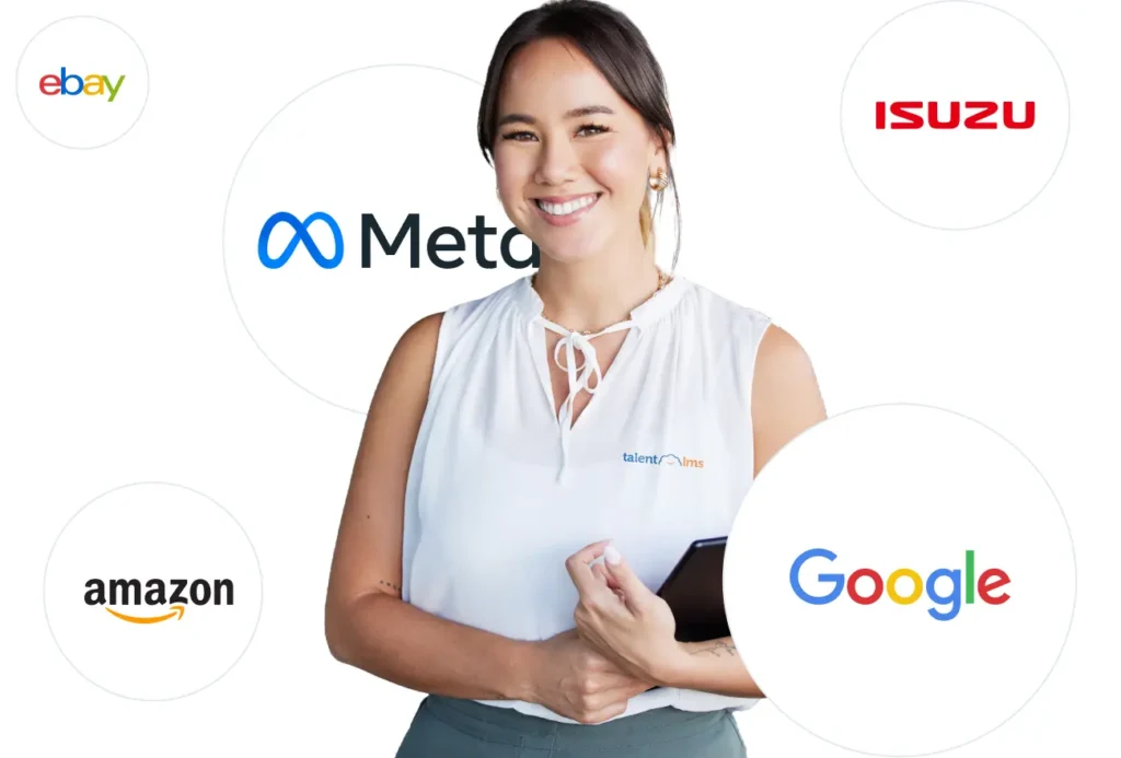 Profissional sorridente com camisa do TalentLMS, cercada pelos logotipos da Meta, Google, Amazon, eBay e Isuzu.