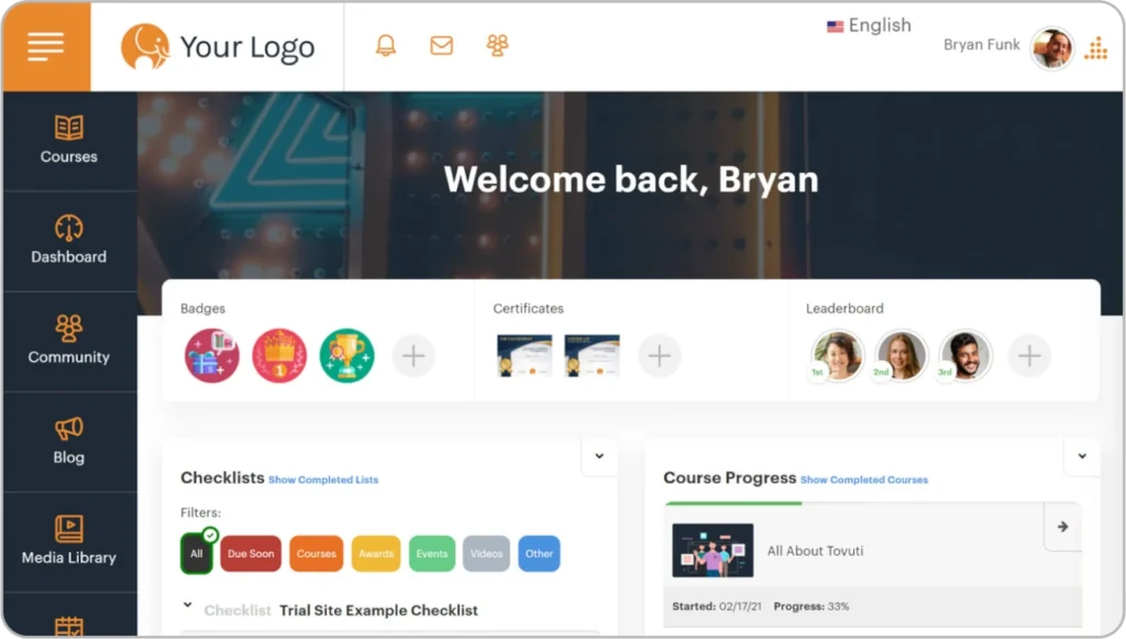 Painel inicial do Tovuti LMS exibindo cursos, certificados, medalhas e progresso de aprendizado.