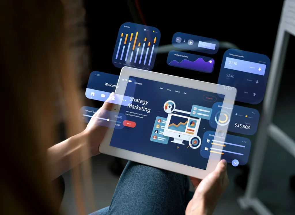 Pessoa utilizando tablet com dashboard interativo de marketing e análise de dados, representando plataformas de coaching com IA para treinamento corporativo.
