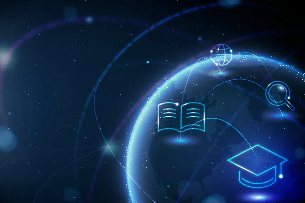 Ilustração digital com ícones de educação e tecnologia, representando o uso global de plataformas LMS.