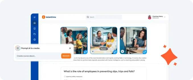 Interface do TalentLMS com geração de curso por IA para onboarding de colaboradores.