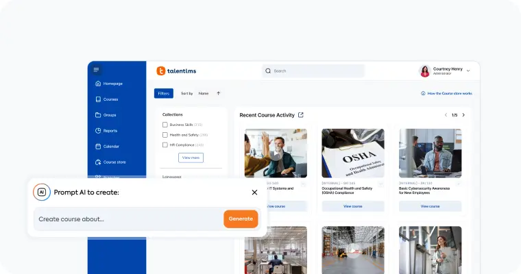 Painel da TalentLMS exibindo curso em destaque com interface intuitiva.
