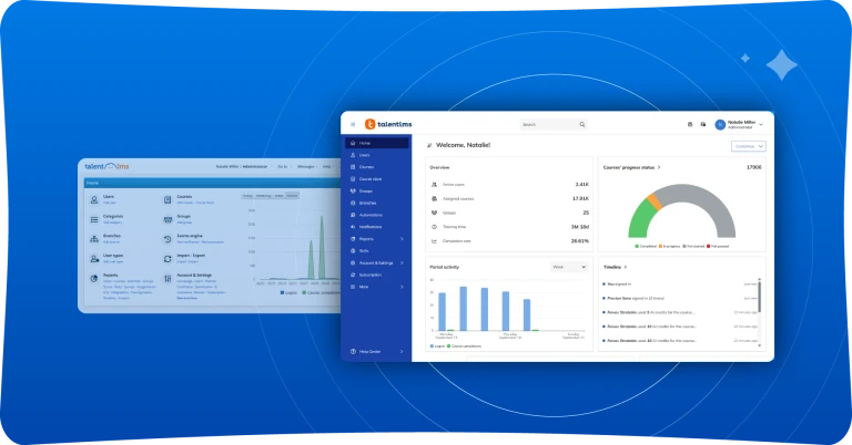 Nova interface do TalentLMS com design moderno e visual intuitivo, destacando gráficos e painéis otimizados para administradores e alunos.