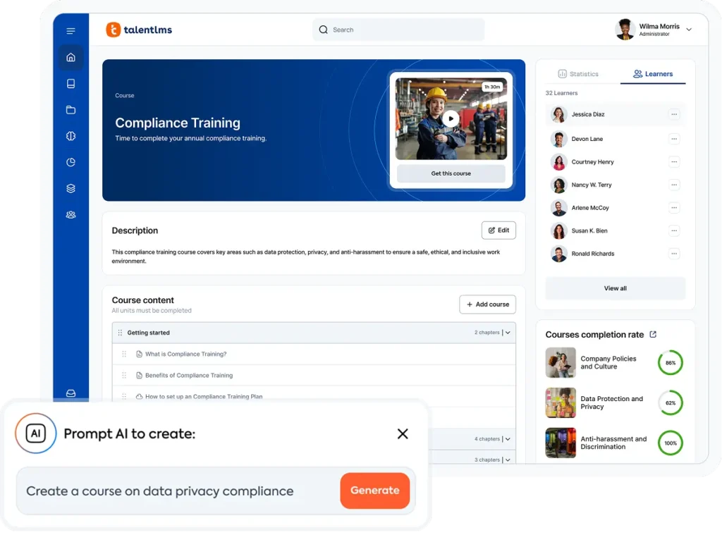 Painel de controle da plataforma TalentLMS exibindo configurações iniciais para configuração e lançamento de cursos.
