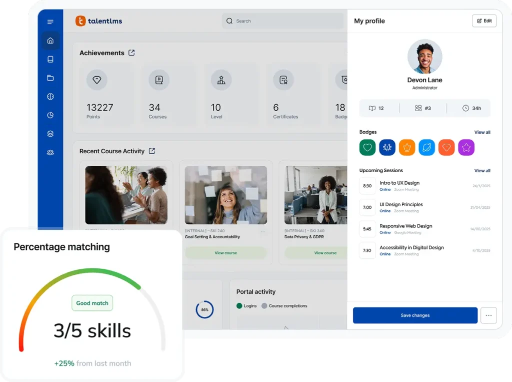 Funcionários participando de treinamento online interativo na plataforma TalentLMS.