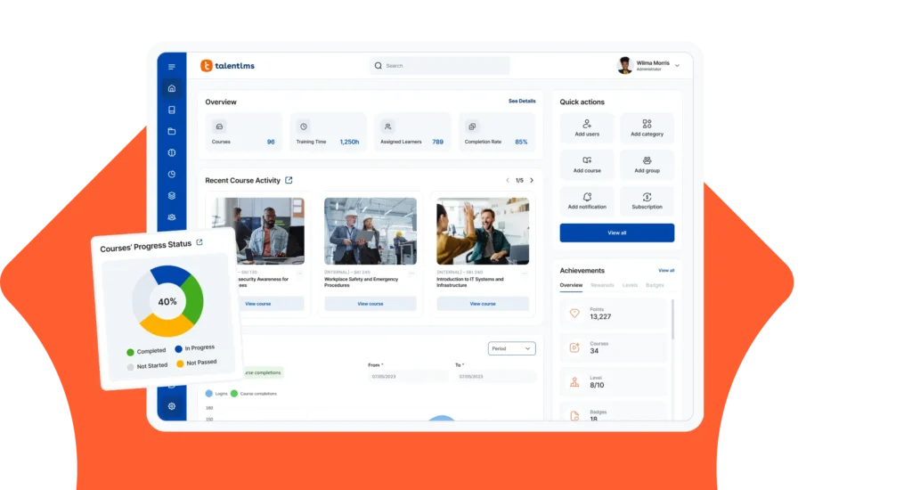 Interface da plataforma TalentLMS exibida em vários dispositivos, representando acessibilidade e design responsivo.