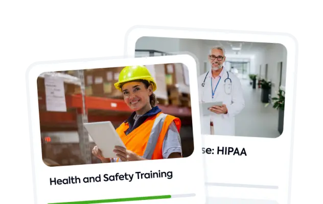 Cursos online de Health and Safety Training e HIPAA com imagens ilustrativas de profissional da construção e médico.