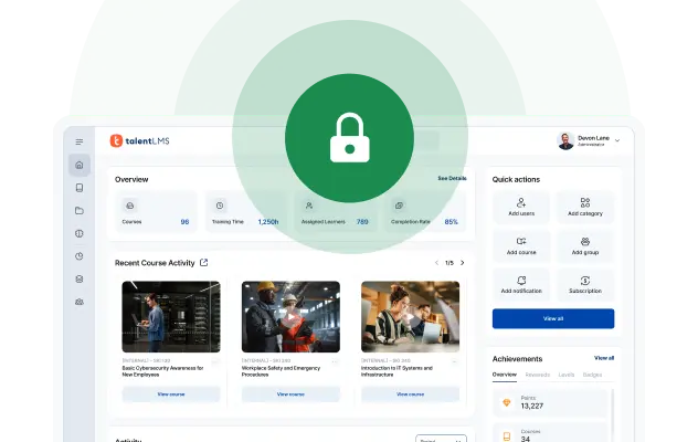 Painel do TalentLMS com ícone de cadeado indicando segurança e proteção de dados.