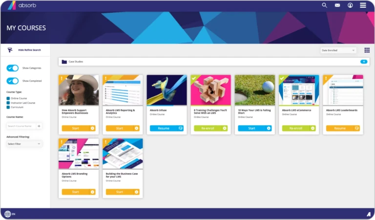 Interface do Absorb LMS exibindo a seção “My Courses” com diversos cursos online organizados em cartões coloridos.
