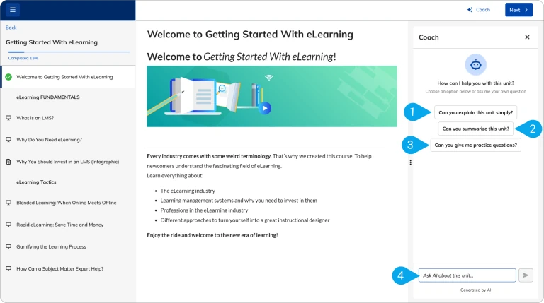 Tela de curso online em plataforma LMS com conteúdo introdutório sobre e-learning e assistente virtual com opções de ajuda e resumo.