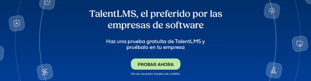 Banner promocional de TalentLMS con fondo azul, destacando el mensaje “TalentLMS, el favorito de las empresas de software” y un botón verde para una prueba gratuita.
