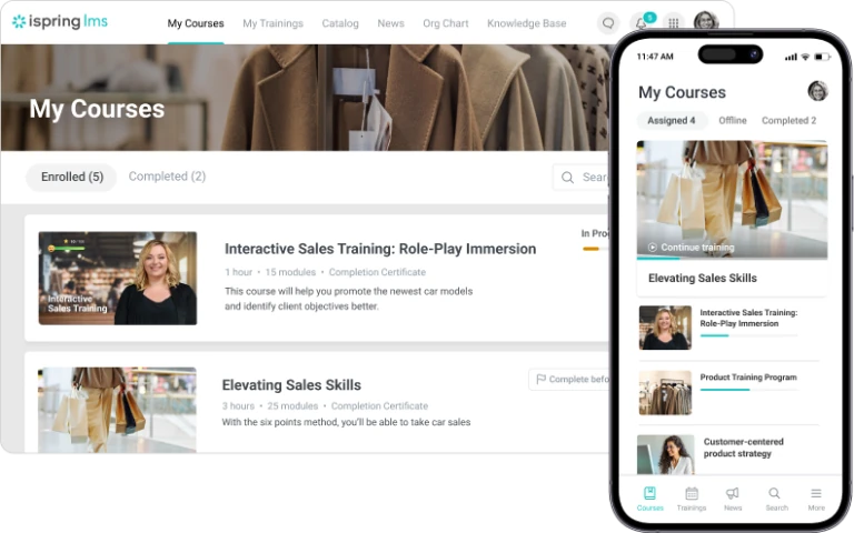 Interface do LMS iSpring Learn exibindo cursos em andamento, progresso do aprendizado e opções de treinamento corporativo.