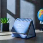 Calendário de mesa azul com o ano 2026 em destaque, posicionado sobre uma mesa próxima a um globo terrestre e uma planta decorativa.