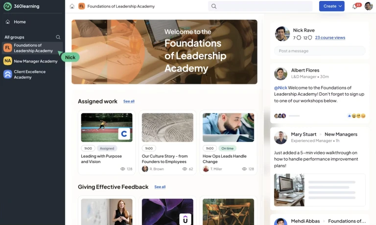 Tela da plataforma 360Learning mostrando a página inicial de uma academia de liderança, com cursos atribuídos, trilhas de aprendizagem e área de comunicação interna.