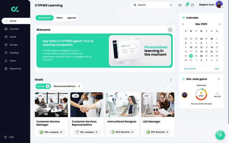 Dashboard da plataforma CYPHER Learning exibindo módulos de aprendizagem, recomendações de carreira, calendário e recursos personalizados com suporte de IA.