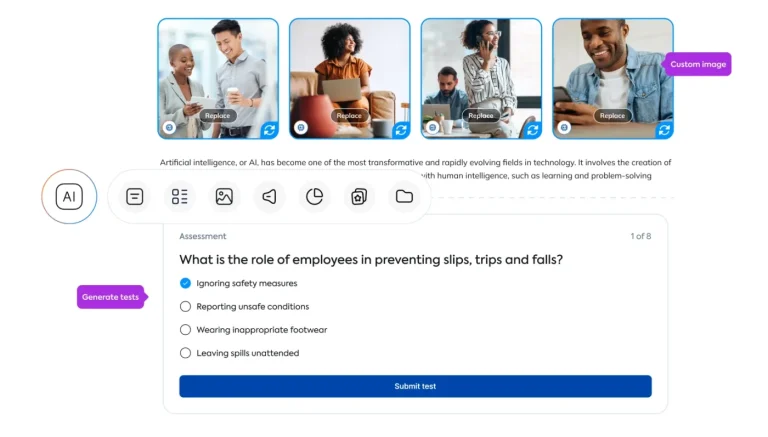 Interface de plataforma LMS exibindo criação automática de conteúdo com IA, imagens genéricas e um teste de múltipla escolha sobre segurança no trabalho.