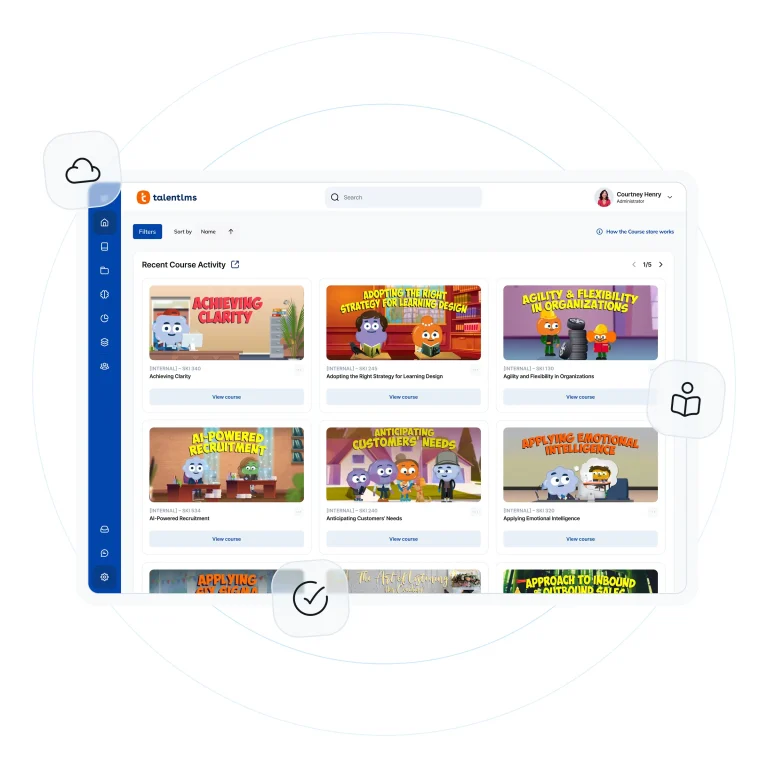 Interface do TalentLMS exibindo atividades recentes de cursos com miniaturas coloridas e títulos variados de treinamentos corporativos.