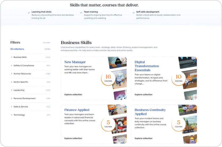 Tela de biblioteca de cursos online exibindo coleções de habilidades empresariais, incluindo tópicos como gestão, transformação digital, finanças e continuidade de negócios.