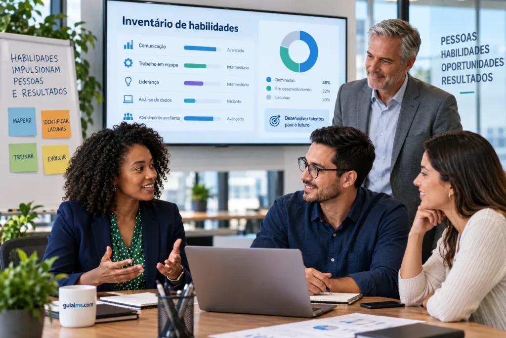 Inventário de habilidades: painel com o mapa de competências, níveis e lacunas da equipe.