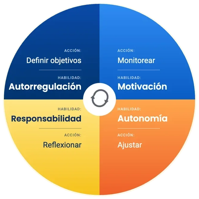 Rueda de la ruta de aprendizaje autodirigida: acciones de definir objetivos, monitorear, reflexionar y ajustar; habilidades de autorregulación, motivación, responsabilidad y autonomía.