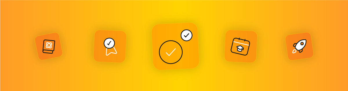 Ilustración con íconos que representan las fases de una ruta de aprendizaje: contenido, evaluación, finalización, agenda y lanzamiento.
