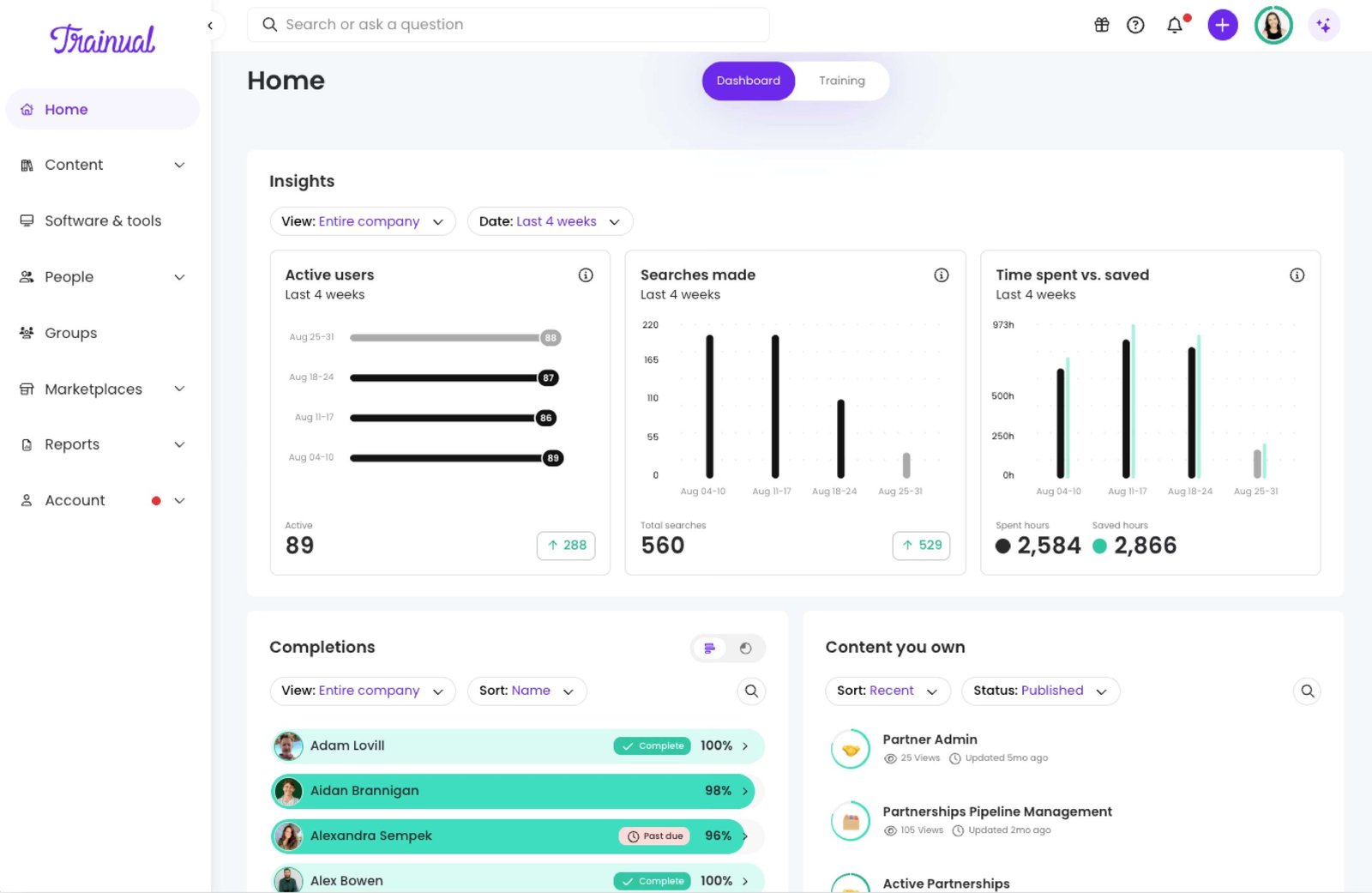 Página de inicio de Trainual, plataforma de documentación y capacitación.