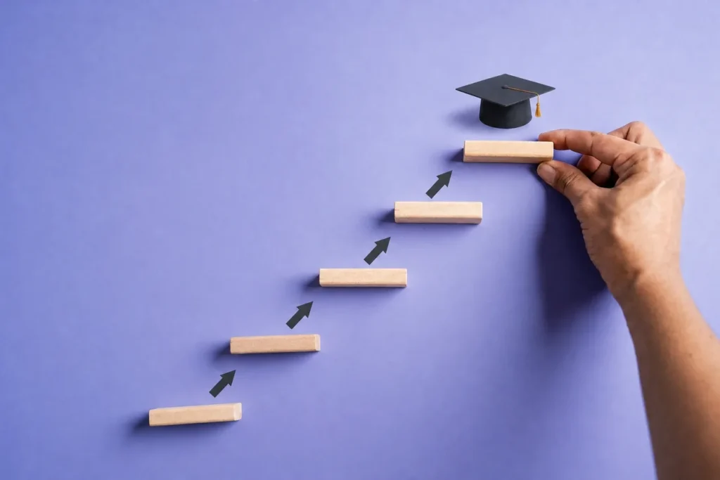 Blocos de madeira em escada ascendente com setas para cima até um capelo de formatura, simbolizando uma trilha de aprendizagem.