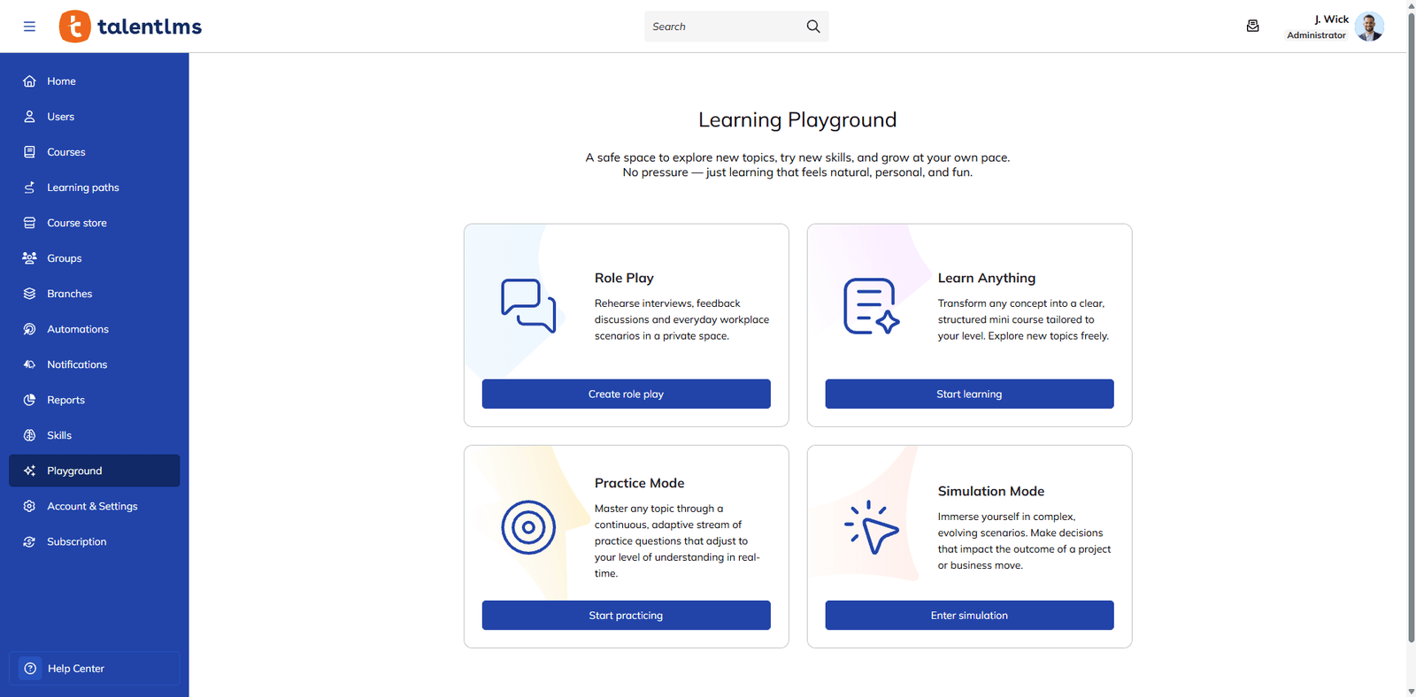 Tela do Learning Playground do TalentLMS, com os modos de prática disponíveis para o aluno.