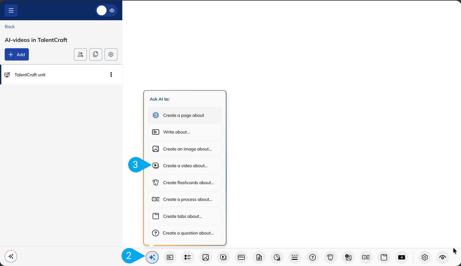 Recurso de vídeo com inteligência artificial do TalentCraft, gerando uma aula em vídeo a partir de uma instrução escrita.